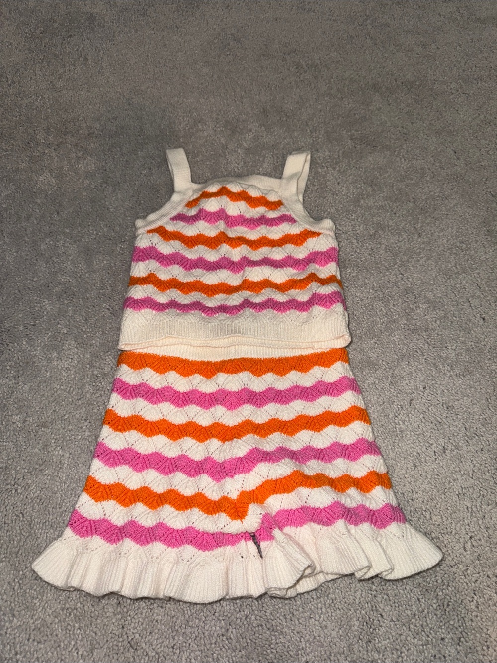 White Knit Two-Piece Set with Pink & Orange Waves